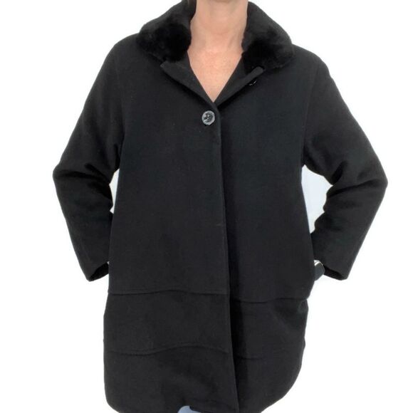 Jones New York Collection Angora Wool Fur Collar‎ Coat Black 10 - Picture 3 of 12